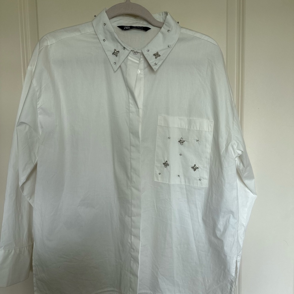 Zara Men's White Embellished Button Down Shirt